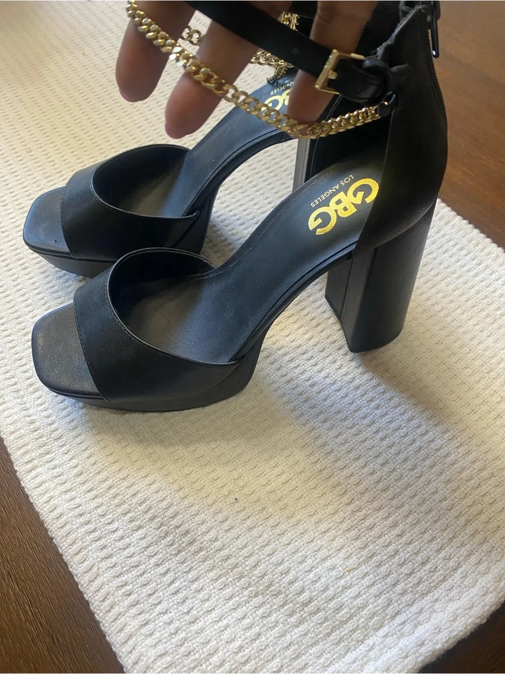 G by Guess Black Platform Block Heels with Gold Chain